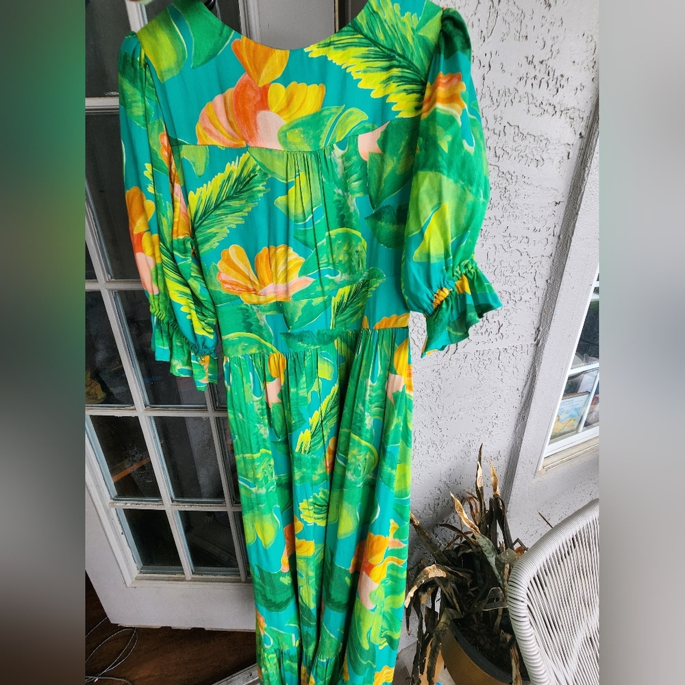 Soi Paris Green Tropical Rio Floral Jungle Maxi Dress Sz 38 Medium - Picture 7 of 8